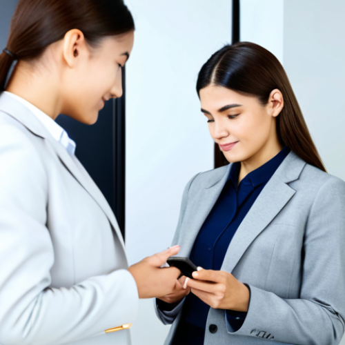 Home 11 A professional businesswoman in a modest business suit, standing in a clean, modern office, securely unlocking her smartphone using a fingerprint scanner. The scene emphasizes seamless technology integration into daily work life, with a bright, inviting atmosphere. fully clothed, appropriate attire, safe for work, professional, perfect anatomy, correct proportions, natural pose, well-formed hands, proper finger count, natural body proportions, high quality, studio lighting, corporate photography style.