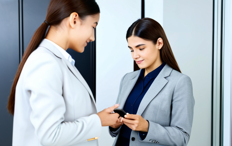 A professional businesswoman in a modest business suit, standing in a clean, modern office, securely unlocking her smartphone using a fingerprint scanner. The scene emphasizes seamless technology integration into daily work life, with a bright, inviting atmosphere. fully clothed, appropriate attire, safe for work, professional, perfect anatomy, correct proportions, natural pose, well-formed hands, proper finger count, natural body proportions, high quality, studio lighting, corporate photography style.