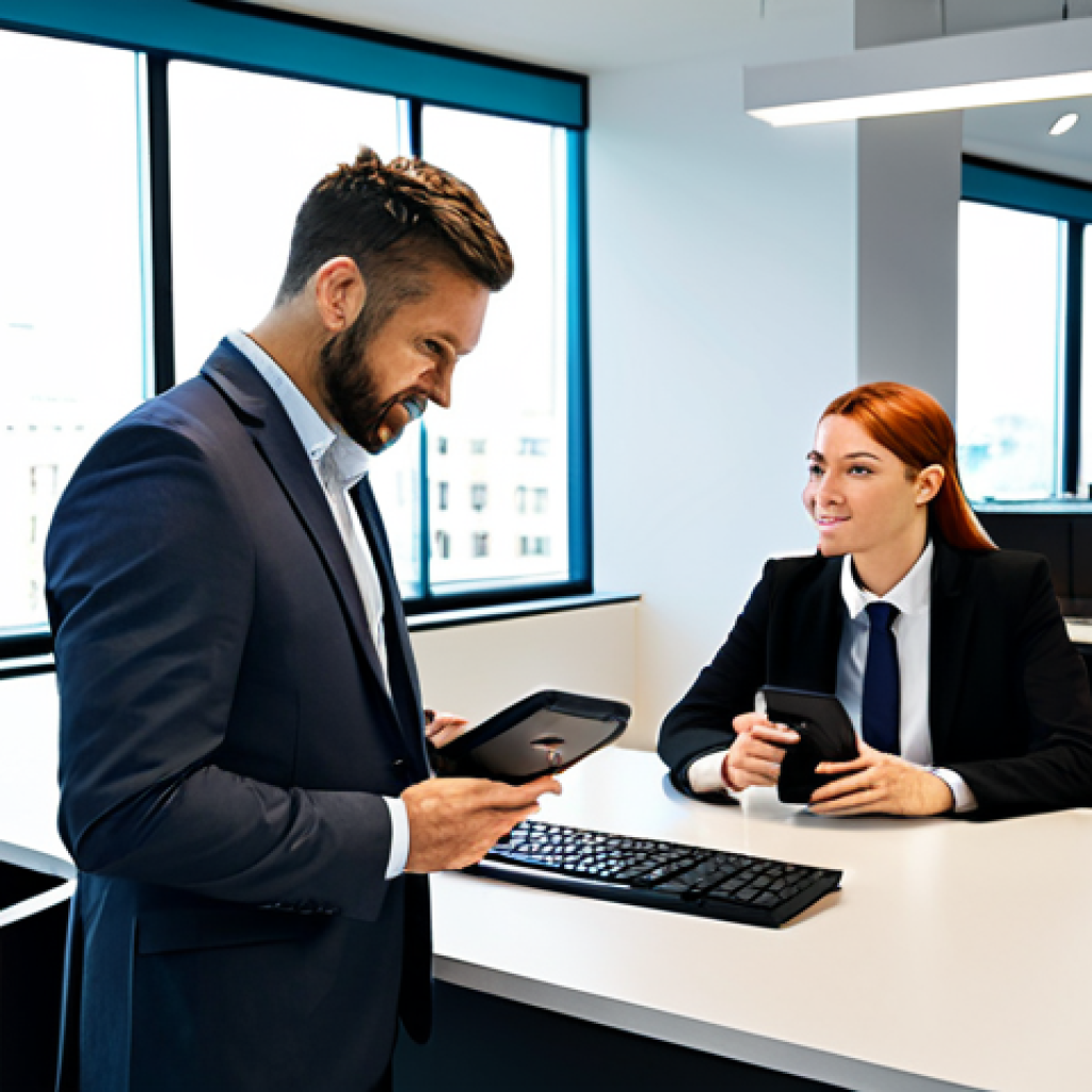Biometric Authentication in a Modern Office** A diverse group of professionals in a modern, brightly lit office, interacting with various devices featuring biometric authentication (fingerprint scanner, facial recognition). One woman is unlocking her computer with facial recognition. Another man is using a fingerprint scanner on his phone. Everyone is fully clothed in professional attire. Background includes sleek desks, monitors, and office plants. Safe for work, appropriate content, family-friendly, perfect anatomy, correct proportions, natural pose, well-formed hands, proper finger count, natural body proportions, professional. **