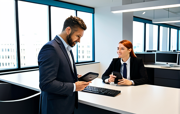 Biometric Authentication in a Modern Office** A diverse group of professionals in a modern, brightly lit office, interacting with various devices featuring biometric authentication (fingerprint scanner, facial recognition). One woman is unlocking her computer with facial recognition. Another man is using a fingerprint scanner on his phone. Everyone is fully clothed in professional attire. Background includes sleek desks, monitors, and office plants. Safe for work, appropriate content, family-friendly, perfect anatomy, correct proportions, natural pose, well-formed hands, proper finger count, natural body proportions, professional. **