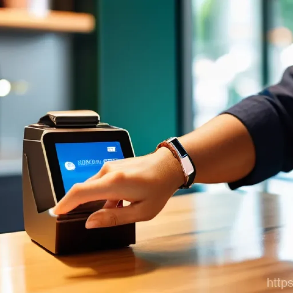 스마트워치와 생체 인증의 융합 - **Image Prompt 1: Effortless Biometric Payment at a Cafe** A close-up shot of a modern person's ...
