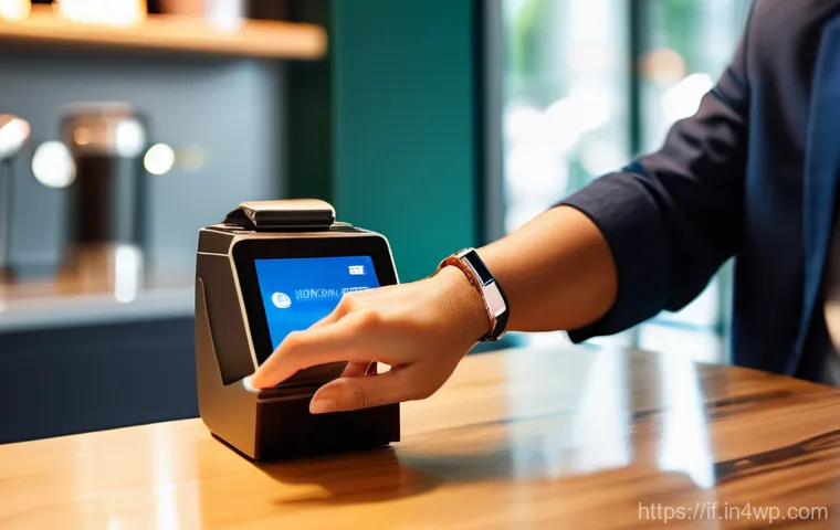 스마트워치와 생체 인증의 융합 - **Image Prompt 1: Effortless Biometric Payment at a Cafe** A close-up shot of a modern person's ...