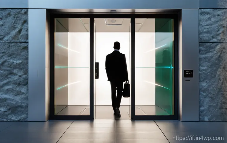 보안 카메라와 생체 인식의 융합 - **Prompt:** A futuristic, bright office lobby at a high-tech company. A diverse business professiona...