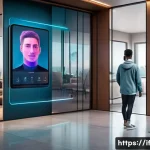 Home 20 사용자 식별을 위한 패턴 인식 기술 - A futuristic smart home entrance featuring a sleek AI-powered facial recognition security system, di...