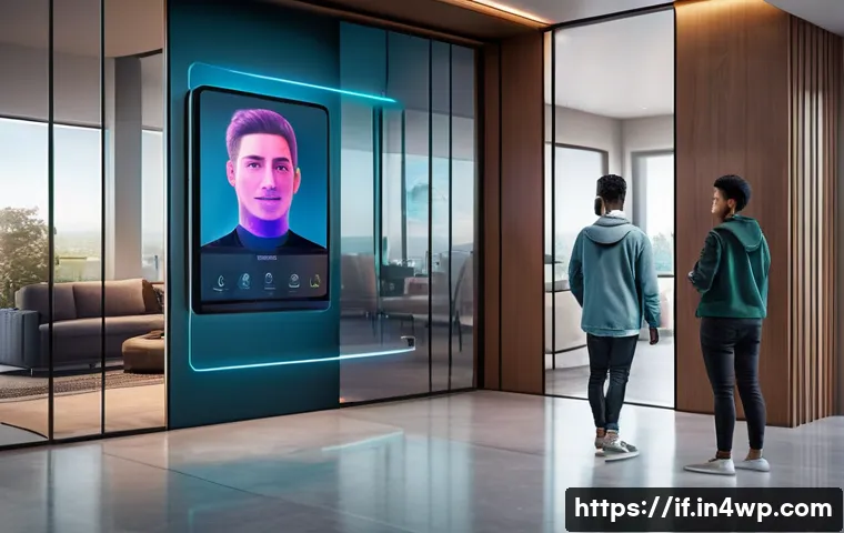 사용자 식별을 위한 패턴 인식 기술 - A futuristic smart home entrance featuring a sleek AI-powered facial recognition security system, di...