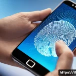 Home 19 인증 방법의 지속적인 발전 - A futuristic biometric authentication scene showing a close-up of a person's hand using fingerprint ...