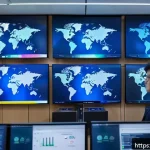 Home 18 기업 보안을 위한 지속 가능한 전략 - A high-tech corporate security control room with multiple large digital screens displaying multi-fac...