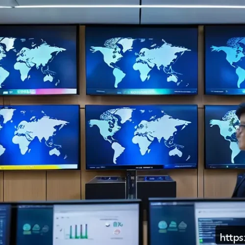 Home 30 기업 보안을 위한 지속 가능한 전략 - A high-tech corporate security control room with multiple large digital screens displaying multi-fac...
