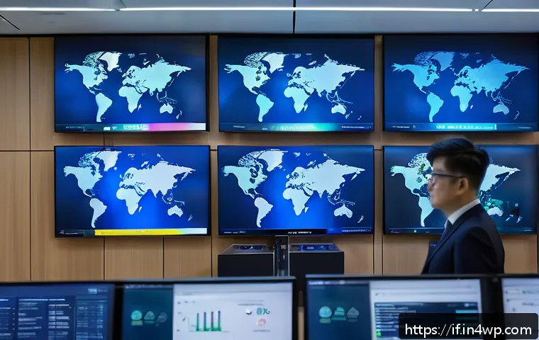기업 보안을 위한 지속 가능한 전략 - A high-tech corporate security control room with multiple large digital screens displaying multi-fac...