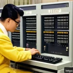 Home 23 패스워드 보안의 역사와 발전 - A vintage 1960s computer room scene showing a large mainframe computer with several users at termina...