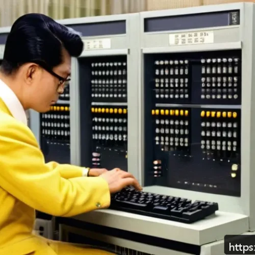 Home 17 패스워드 보안의 역사와 발전 - A vintage 1960s computer room scene showing a large mainframe computer with several users at termina...