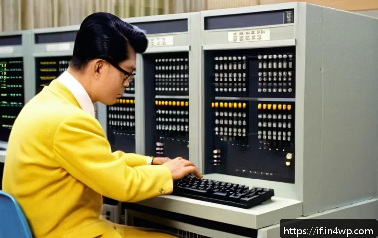 패스워드 보안의 역사와 발전 - A vintage 1960s computer room scene showing a large mainframe computer with several users at termina...
