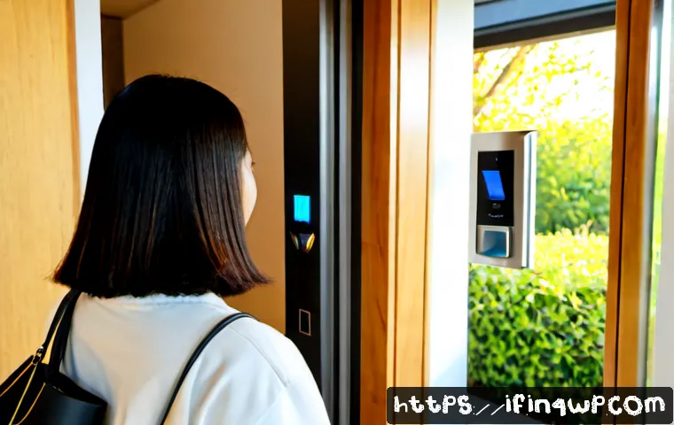보안과 편의성을 동시에 고려하는 방법 - Photorealistic modern smart home entryway at golden morning light, a casually dressed adult unlockin...