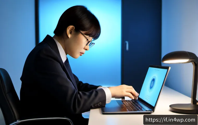 Home 17 포스트 패스워드 시대의 보안 위협 - Photorealistic cybersecurity concept, a professional analyst at a clean modern desk using a laptop w...