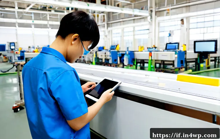 다양한 산업에서의 인증 방식 변화 - Photorealistic modern manufacturing quality-control scene, a safety-vested technician using a tablet...